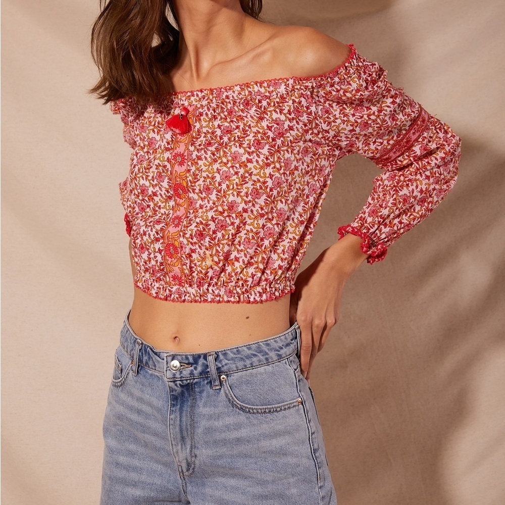 Poupette St. Barth Off-Shoulder Floral Cropped Blouse